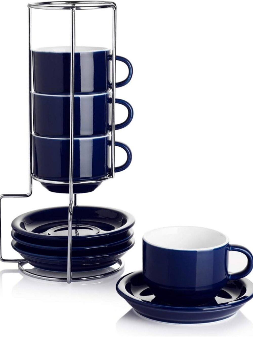 Stackable Porcelain Espresso Cups Set of 4 with Saucers & Metal Stand - Navy